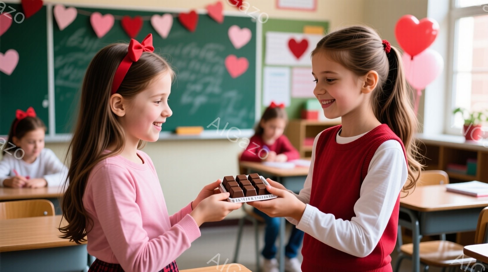 2人の女の子が教室でチョコレートを交換しています。ピンク色のセーターと赤いリボンで髪を結んだ女の子が、茶色のチョコレートの箱を別の女の子に差し出しており、両者とも笑顔で目を見合わせています。教室には他 - AI生成フリー素材