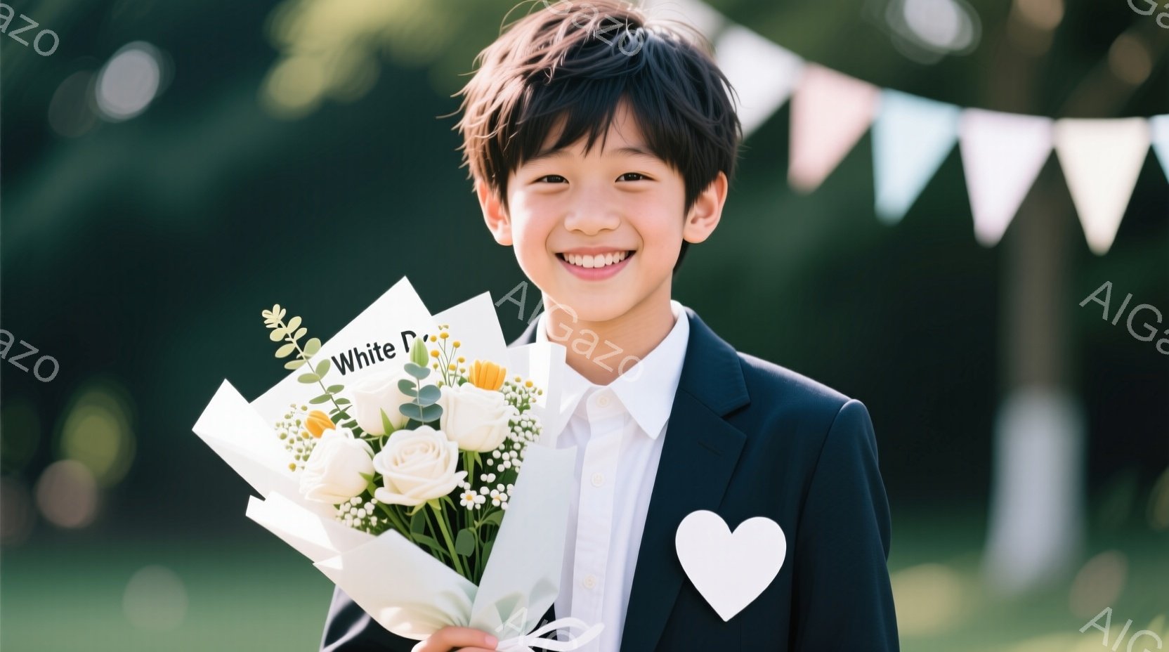 黒いスーツに白いシャツを着た少年が、白い花束を抱えて微笑んでいます。彼の髪型は短く、前髪が少し下りたスタイルで、表情は明るく、楽しそうに見えます。背景には緑豊かな自然と、飾り付けられた旗がぼんやりと見え、お祝いの雰囲気が漂っています。
