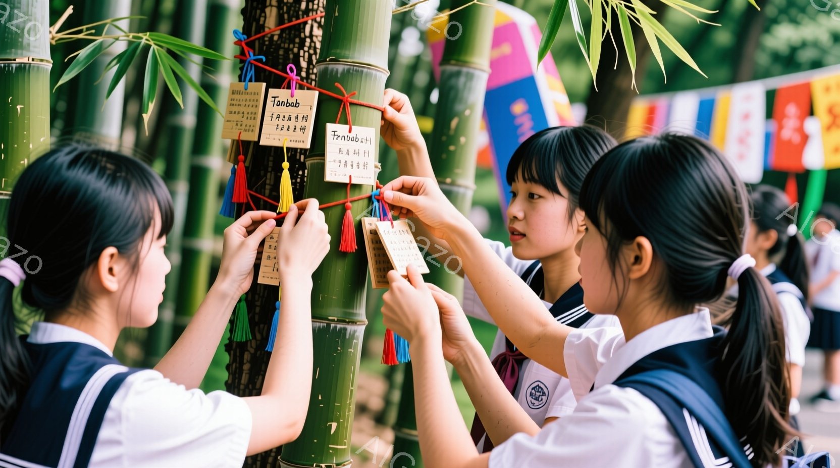 制服姿の女子学生たちが竹林の中で、色とりどりの短冊が結び付けられた竹に何かを書き込んでいる様子が写っている。彼女たちは皆、黒髪で、整然とした三つ編みやポニーテールにしている。背景には緑豊かな竹林が広がり、夏の日差しが差し込み、明るく穏やかな雰囲気を醸し出している。