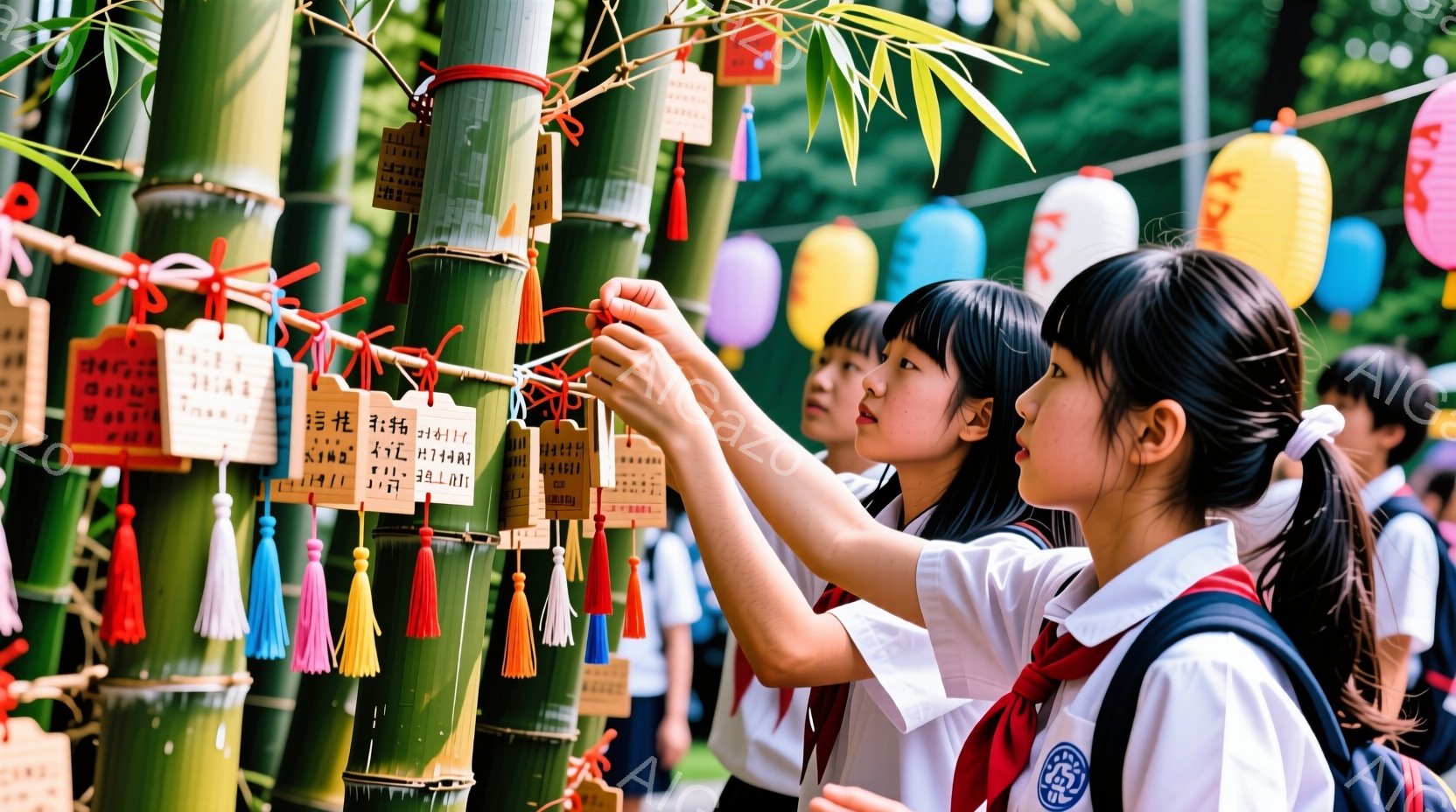 制服を着た若い女性が、竹林に結び付けられた色とりどりの短冊を見つめています。彼女は黒髪で、前髪を少しおろしたスタイルで、集中した表情で短冊を手に取りそうです。背景には、他の人々や緑豊かな木々が見え、カラフルな提灯が吊るされており、お祭りや神社の賑やかな雰囲気が感じられます。