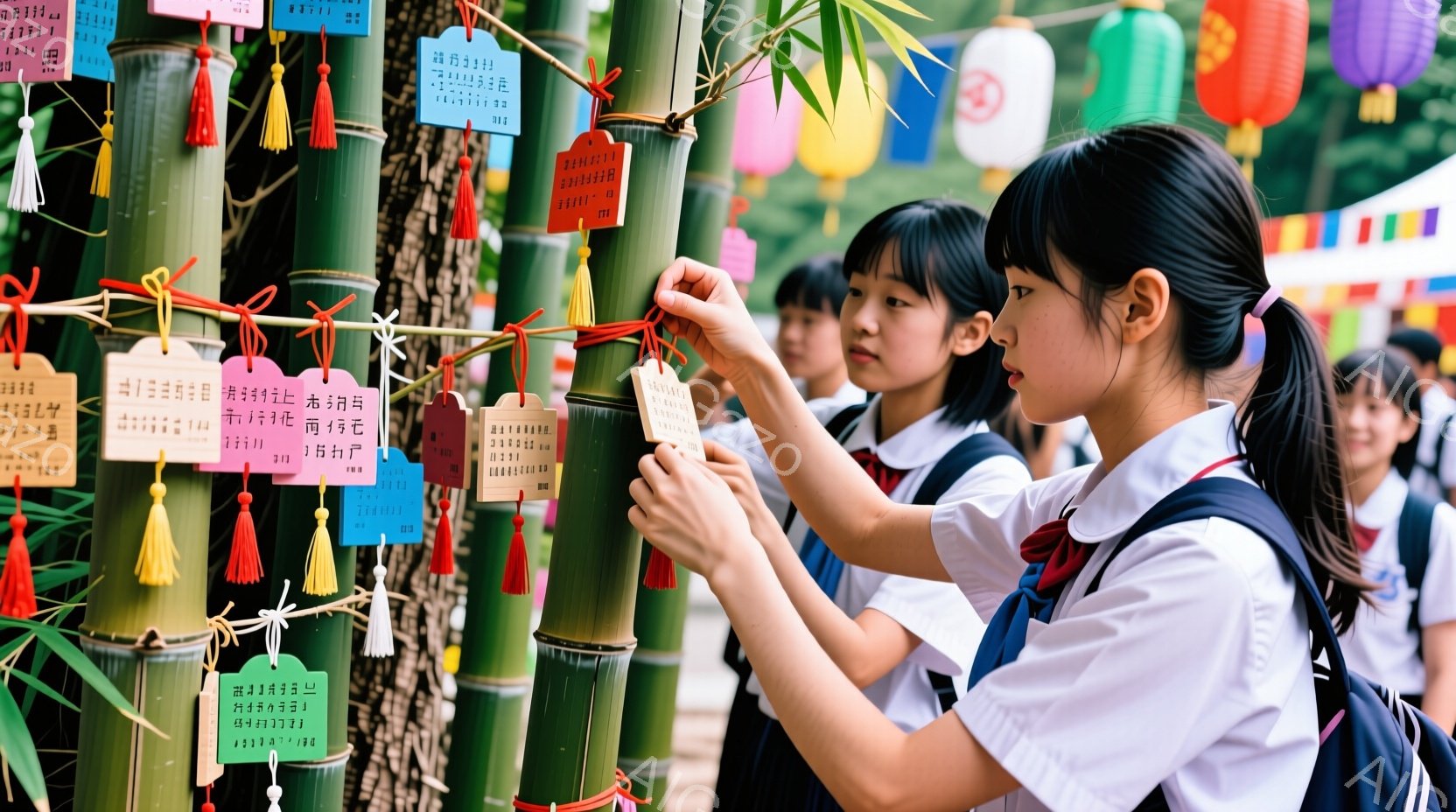 若い女性が竹林の中で、色とりどりの絵馬が飾られた竹の茎を調べています。彼女は白いブラウスと紺色のスカートの制服を着ており、長い黒髪を後ろでまとめています。背景には、他の竹林と、ぼやけた提灯が見え、穏やかで神聖な雰囲気を醸し出しています。