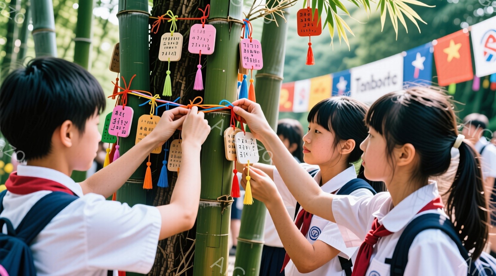 制服を着た学生たちが竹林の中で、色とりどりの短冊を結び付けている様子が写っている。学生たちは皆、黒髪で、集中した表情で短冊に手を伸ばしている。背景には他の人々や旗が見え、天候は晴れで、明るく活気のある雰囲気が漂っている。