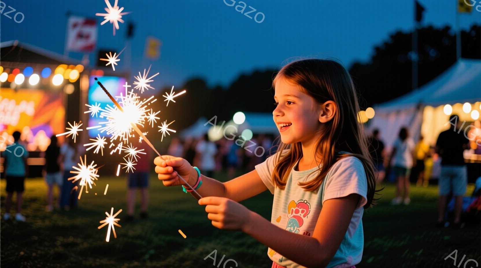 少女は芝生の上で光る棒のような花火を持っており、嬉しそうに微笑んでいます。彼女は白いTシャツにピンク色のスカートを着ており、髪は肩まで伸びて自然にカールしています。背景にはイベントの屋台や人々が見え、 - AI生成フリー素材