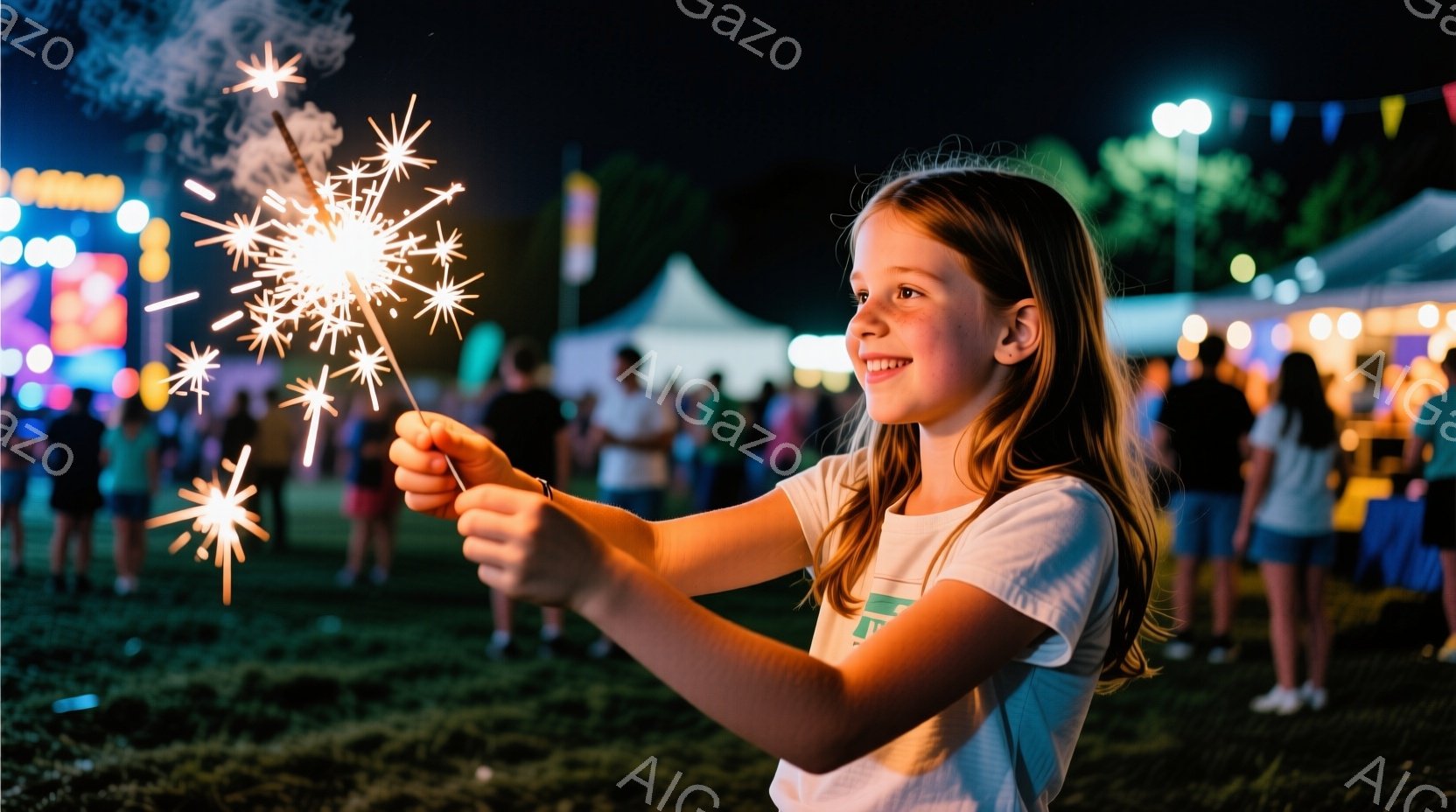 長い髪を横に流した少女が、手に花火を持って笑顔でこちらを見ている。彼女は白いTシャツを着ており、背後にはぼやけた遊園地らしき光景と多くの人々が見える。夜間の屋外で、花火の光が明るく、楽しい雰囲気を演出 - AI生成フリー素材