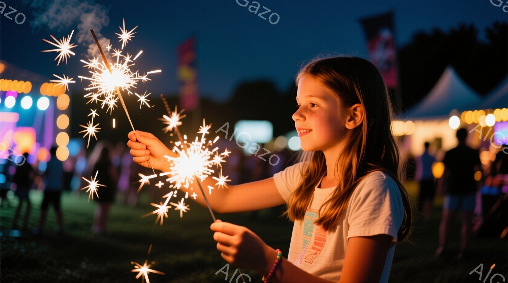 金髪の少女が花火のような光る棒を手に持っており、嬉しそうな表情でそれを見つめています。彼女は白いTシャツとピンク色のブレスレットを着ており、髪は肩まで伸びています。背景には、ぼやけた光る建物やテントが見え、夜の屋外イベント会場の様子が伺えます。
