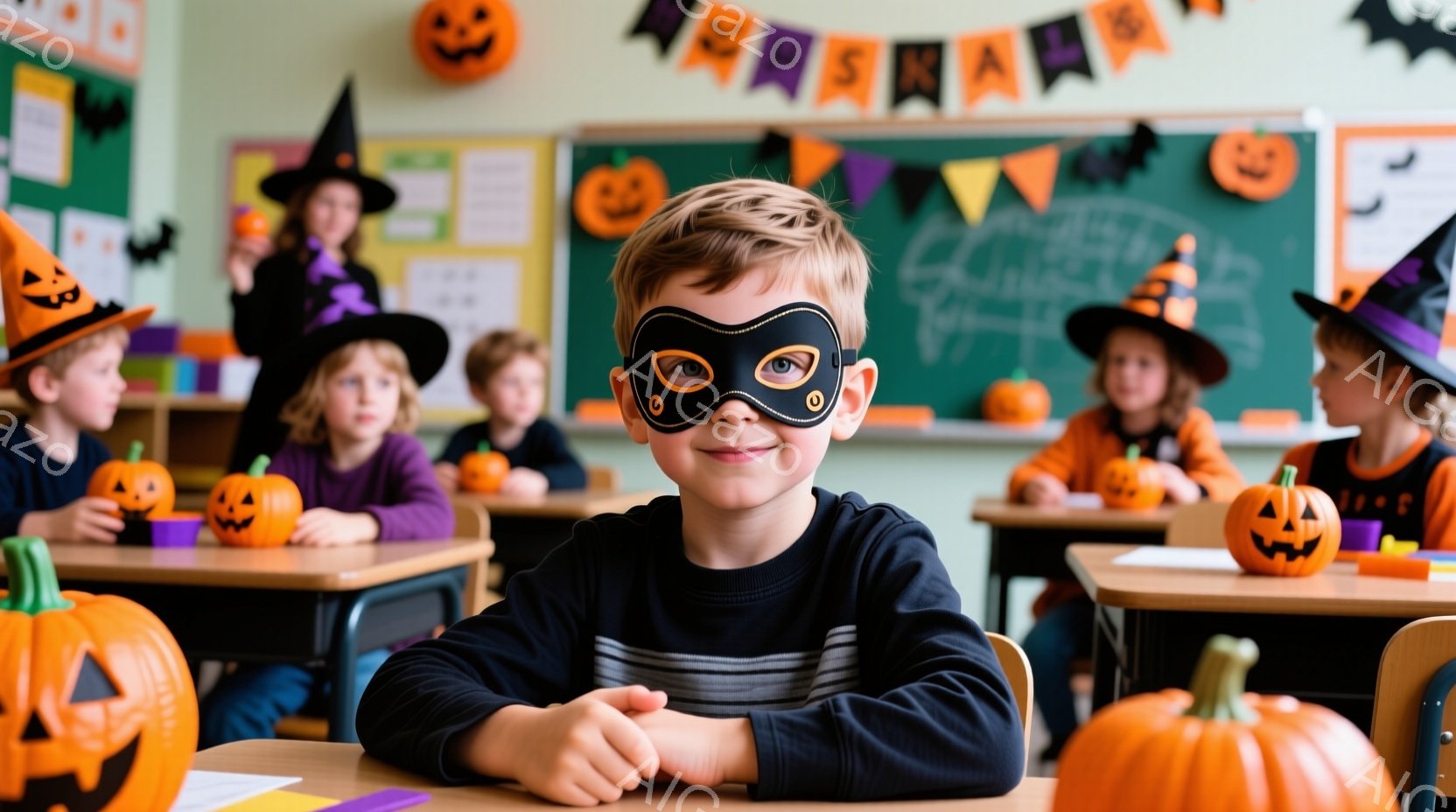 ハロウィーンの飾り付けがされた教室で、男の子が黒い仮面をつけ、カメラに向かって微笑んでいます。彼は紫色のシャツを着ており、腕を組んでリラックスした姿勢で座っています。背景には、カボチャのランタンやハロウィーンの装飾がされ、他の子供たちもハロウィーンの衣装を着て座っています。