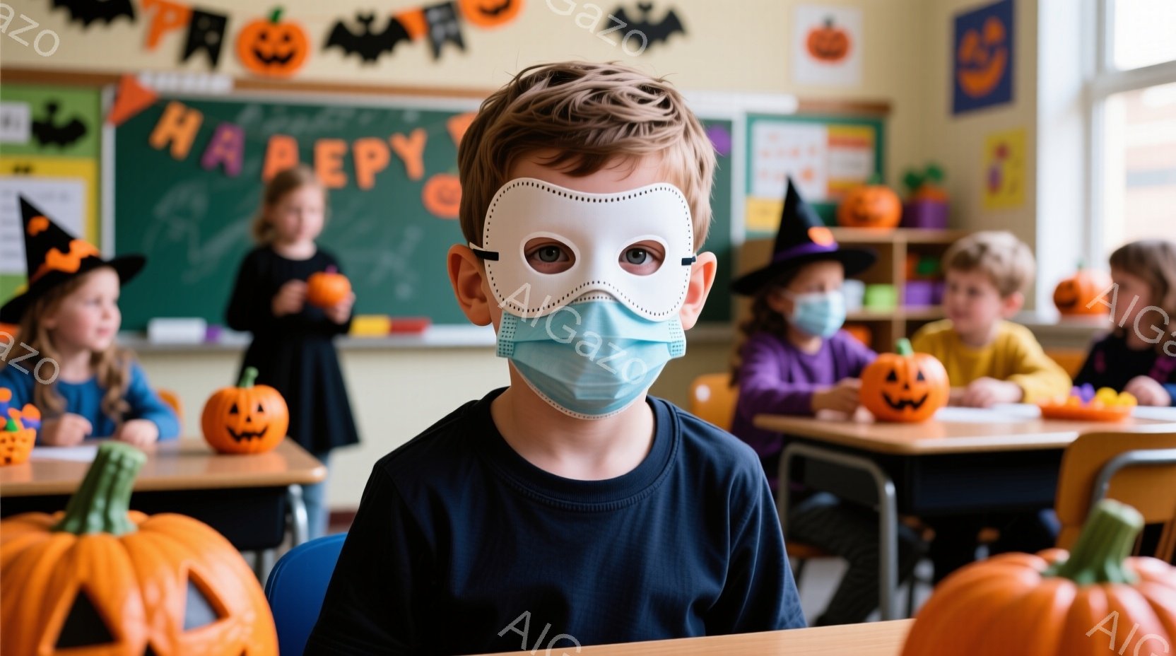 教室にいる男の子は、青いセーターを着ており、白いハロウィーンマスクと青い医療用マスクを着用しています。彼は正面を見据え、やや真剣な表情をしています。背景には、ハロウィーンの飾り付けがされた教室があり、他の子供たちもマスクを着用して座っています。