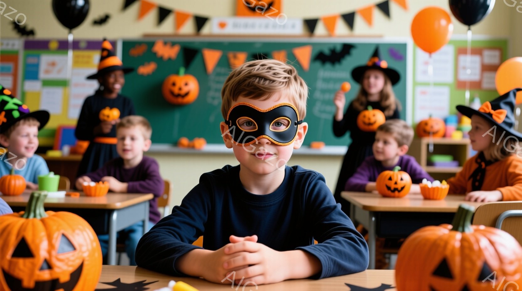 教室でハロウィーンを祝う子供たちが写っています。茶色の髪の少年は黒いマスクを着て、青いセーターを着ています。背景には、カボチャの飾りやオレンジ色の風船があり、全体的に陽気で楽しい雰囲気です。