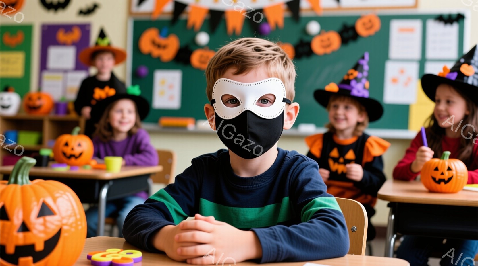 教室で、マスクと白い仮装マスクをつけた少年が正面を見ています。彼は緑と青のストライプの長袖シャツを着ており、両手を重ねて机に座っています。背景には、ハロウィーンの飾り付けと、仮装した他の子供たちが座っています。