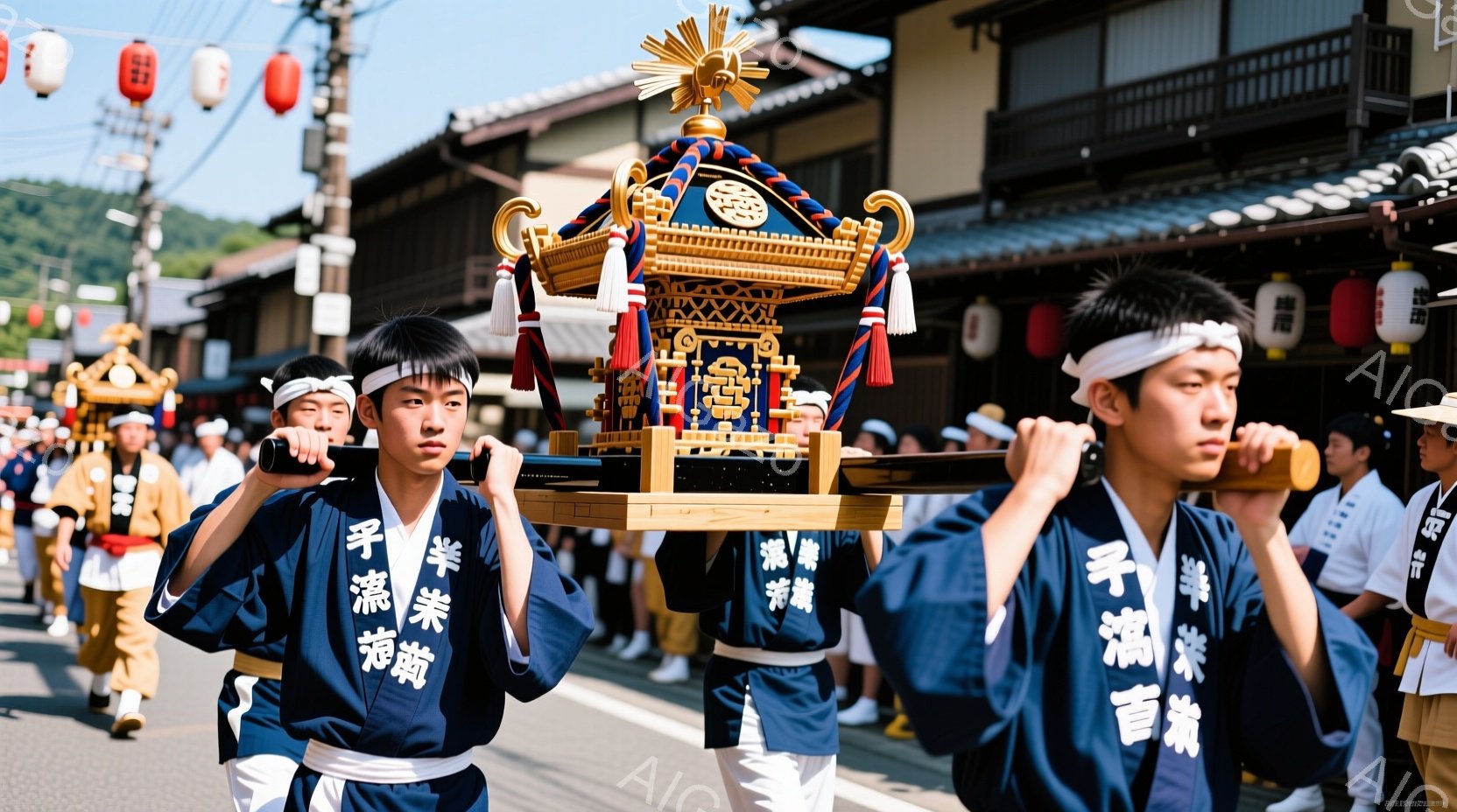 紺色の着物に白の帯、足袋を履いた若者たちが、肩に担いだ華やかな神輿を運んでいる。彼らは皆、額に白い鉢巻きを巻き、真剣な表情で前を見据え、力強く歩いている。背景には木造の古い建物が並び、提灯が飾られ、緑豊かな山々が広がり、晴天の下、賑やかな祭りの雰囲気が伝わってくる。