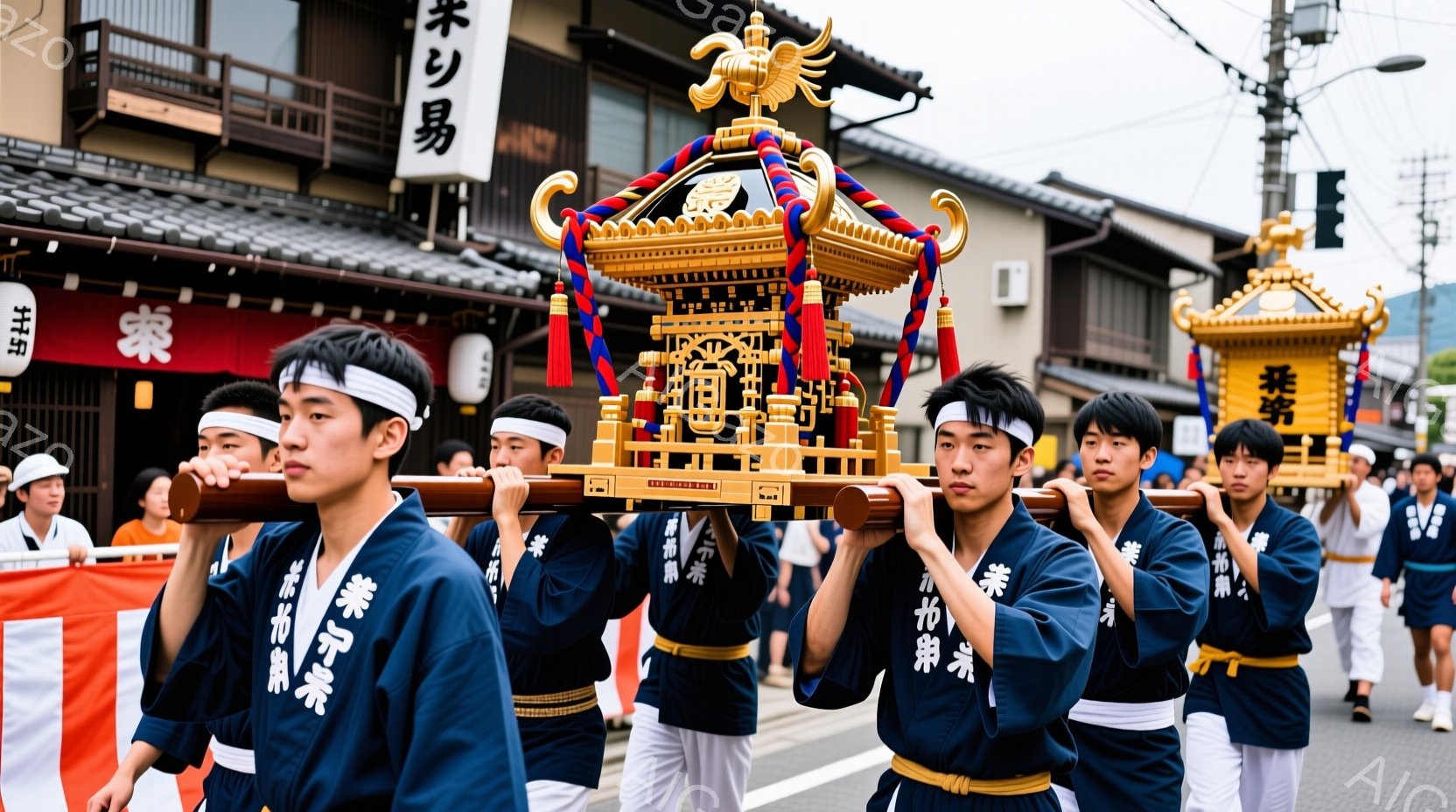 紺色の着物と白い鉢巻をつけた若い男性たちが、金色の装飾が施された祭りの山車を肩で担いでいる。皆、真剣な表情で前を見据え、力強く山車を支えている。背景には木造の建物が並び、晴天の下、活気あふれるお祭りの雰囲気が伝わってくる。