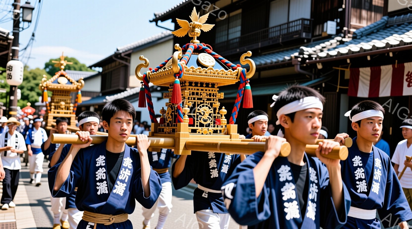 多くの若い男性が、装飾された神輿を肩に担いで練り歩いている様子が写っている。彼らは白い頭巾を巻き、青色の着物のような衣装に「奉祝」と書かれた襷をかけている。背景には伝統的な木造建築が並び、晴天の下、活気に満ちたお祭りの雰囲気が漂っている。