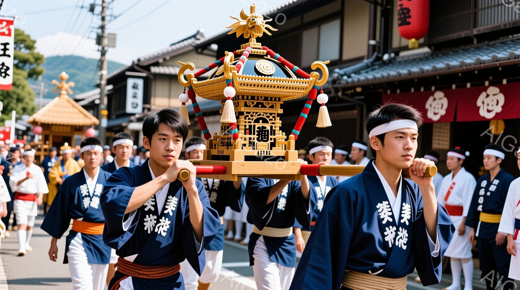 多くの男性が青色の着物と白い腹掛け、鉢巻きを締め、揃いの「奉賛」と書かれた襷をかけている。彼らは大きな、装飾的な山車を肩に担ぎ、力強く前進しており、表情は真剣で集中している。背景には伝統的な木造建築が並び、晴天の下、活気のあるお祭りの雰囲気が伝わってくる。