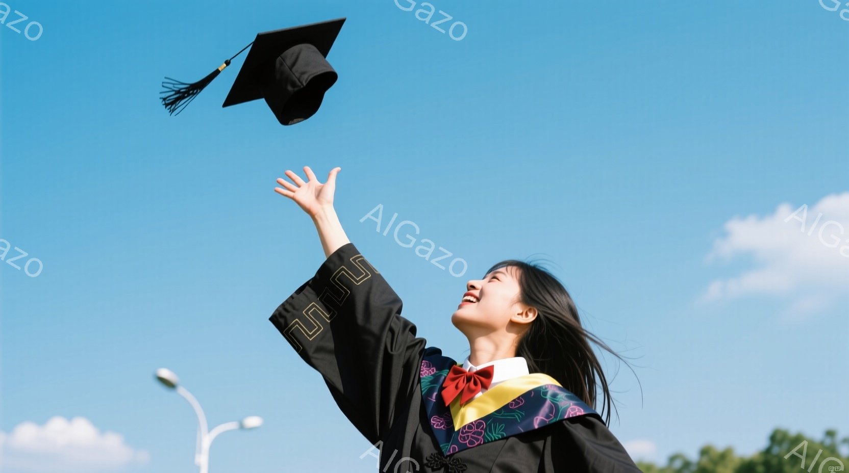 黒い卒業服に身を包んだ女性が、空に向かって卒業帽子を投げ上げています。彼女は長い黒髪をなびかせ、満面の笑みを浮かべており、喜びと解放感が伝わってきます。背景は青空と白い雲、そして緑豊かな自然で、晴天の下、晴れやかな卒業の瞬間が切り取られています。