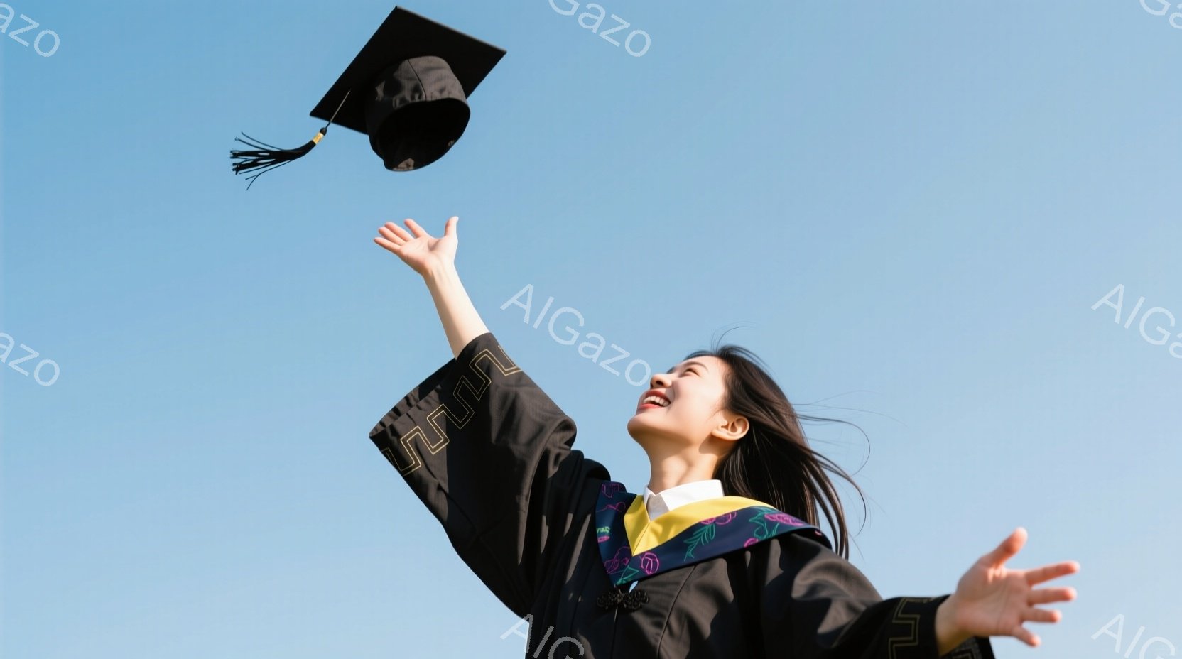 黒い卒業服とフードを身につけた若い女性が、空に向かって帽子を投げ上げています。彼女は髪を後ろに流し、満面の笑みを浮かべて両手を広げており、喜びと解放感を表現しています。背景は晴れた青空で、卒業という晴れやかな瞬間を強調しています。