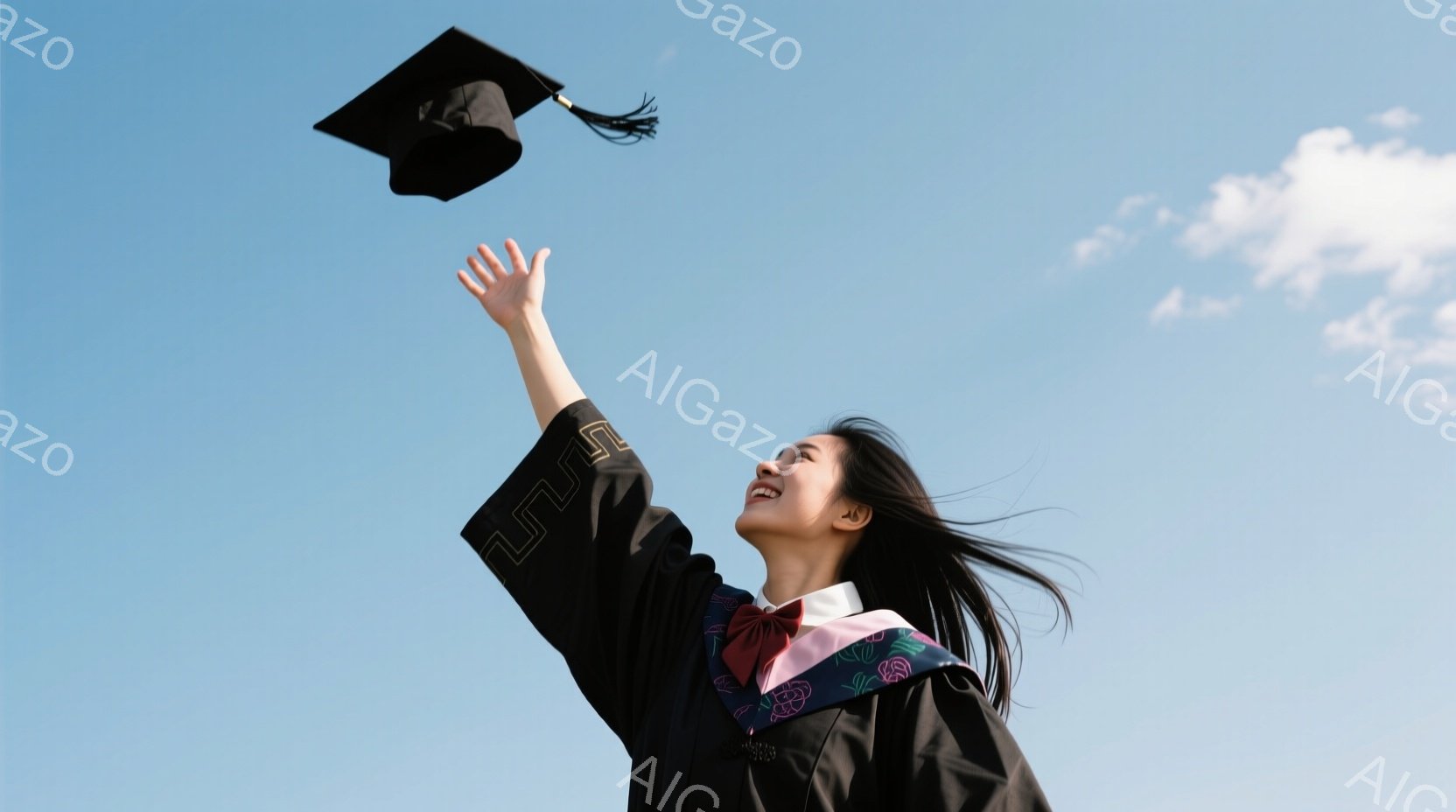 黒い学士服とピンクと白の模様が入った首飾りを身につけた若い女性が、卒業帽子を空中に投げ上げています。彼女は髪を風になびかせ、顔を上に向けて満面の笑みを浮かべており、喜びと解放感に満ち溢れています。背景は晴れた青空で、雲がわずかに見え、爽やかで希望に満ちた雰囲気です。