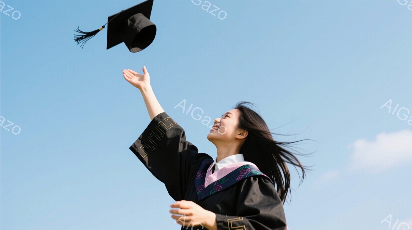 黒い卒業服に身を包んだ女性が、空に向かって卒業帽子を投げている姿が捉えられています。彼女は長く黒い髪を持ち、満面の笑みを浮かべ、喜びにあふれた表情をしています。背景は晴れた青空で、卒業という晴れがましい瞬間を象徴する明るく希望に満ちた雰囲気です。