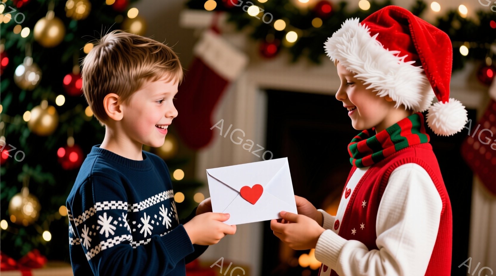 少年と少女が正面を向き合い、少女が少年へ赤いハートの付いた封筒を渡そうとしています。少年は紺色の模様入りのセーターを着て笑顔を見せ、少女は白いセーターと赤いストライプのベスト、サンタ帽をかぶっています - AI生成フリー素材