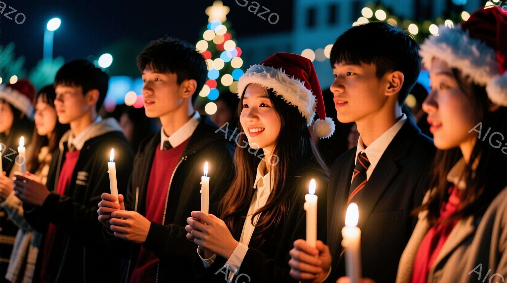 複数の人々がクリスマスキャンドルサービスに参加している様子が写っています。彼らは黒い制服に赤いネクタイ、または赤いスカーフを着用し、手には白いキャンドルを持っています。背景にはぼやけたクリスマスツリーの光と建物が見え、夜の暗い空の下、温かく希望に満ちた雰囲気が漂っています。