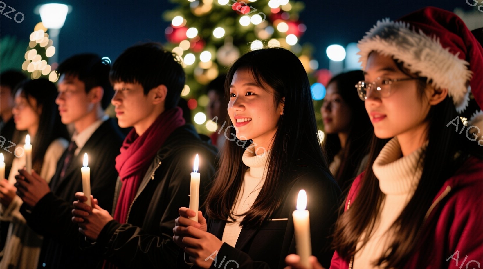 夜の屋外で、数人の人々がキャンドルを持って並んでいます。彼らはそれぞれ黒いジャケットやセーターを着ており、一人の女性は赤いスカーフを巻いています。背景には、ぼやけたクリスマスツリーの光が点滅し、冷たい夜空の下、穏やかで静謐な雰囲気が漂っています。