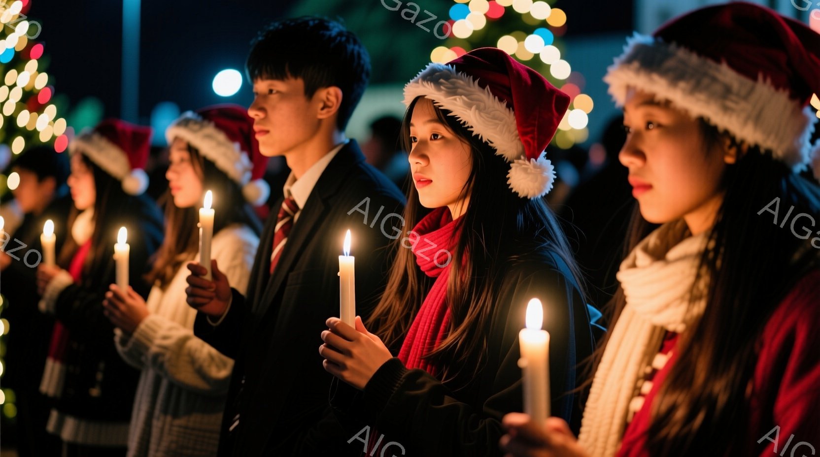 クリスマスの帽子をかぶった人々が夜間にロウソクを持って並んでいる様子が写っています。彼らは暗い服装で、真剣な表情でロウソクを見つめており、背景にはぼやけたクリスマスツリーの光が灯っています。全体的に、 - AI生成フリー素材