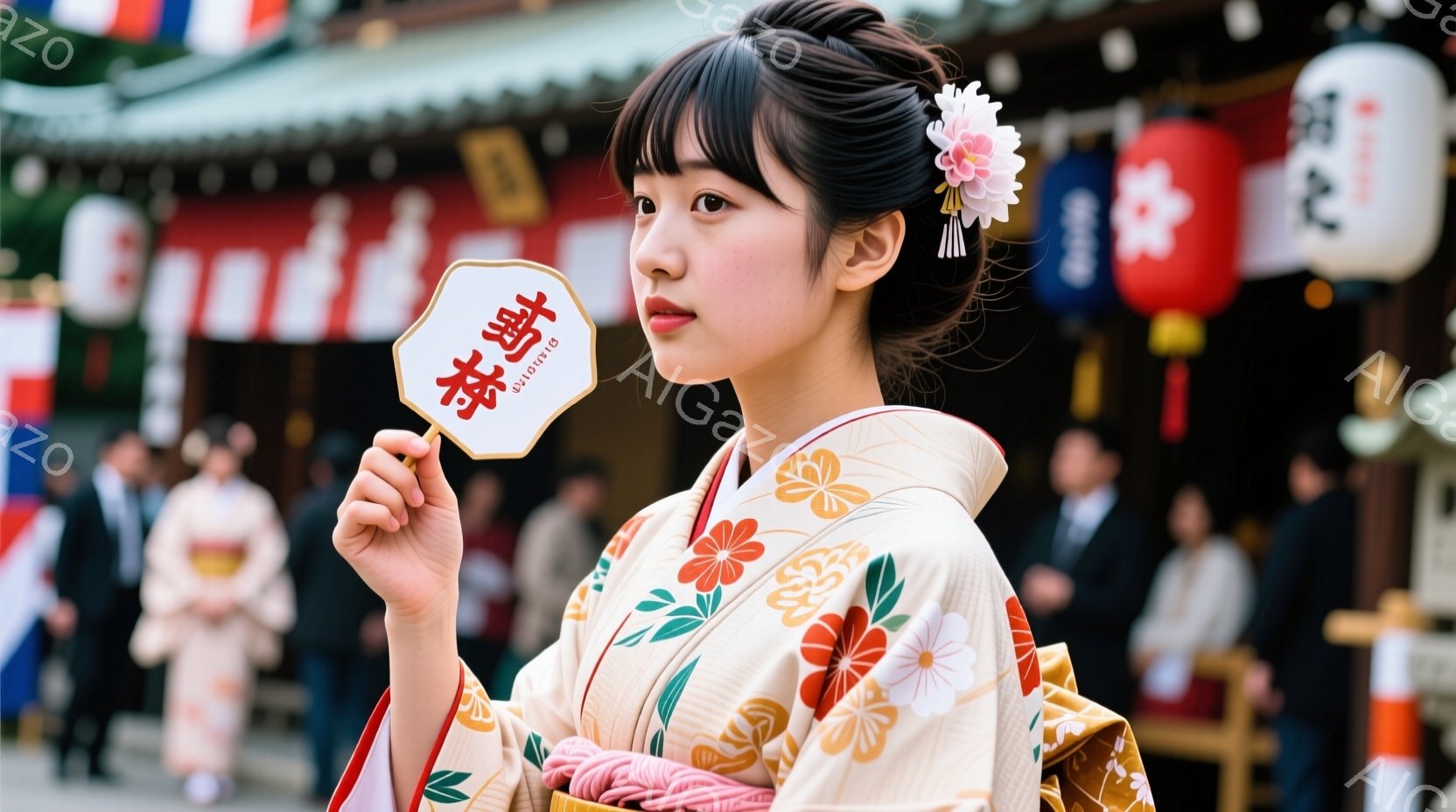鮮やかなクリーム色の着物を着た若い女性が、笑顔で赤い札を掲げています。彼女の髪は後ろでまとめられ、髪飾りを付けています。背景には、多くの人々や伝統的な様式の建物、そして提灯が見え、お祭りの賑やかな雰囲 - AI生成フリー素材