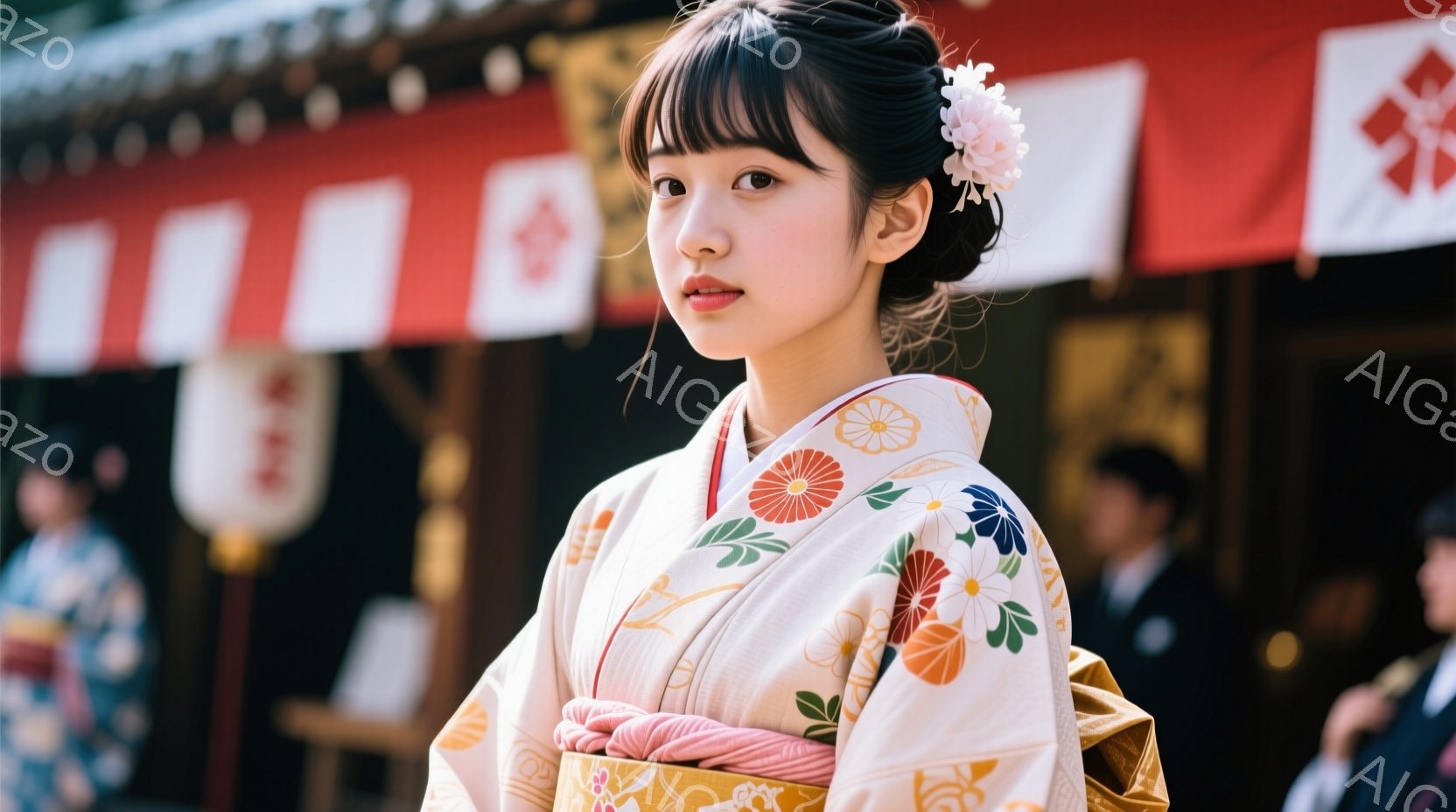 鮮やかなクリーム色の着物を着た若い女性が写っています。着物には、赤い牡丹や緑の葉が散りばめられており、ピンク色の帯が目を引きます。彼女は髪を後ろでまとめ、白い花飾りをつけており、穏やかな微笑みを浮かべています。