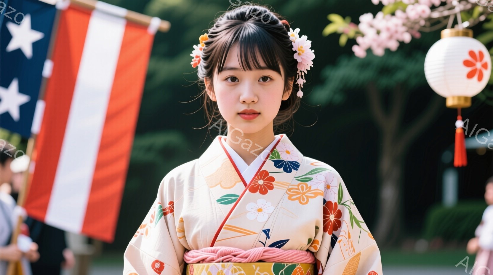 若い女性が、クリーム色の地に赤、ピンク、オレンジの花柄の着物を着て、微笑んでいます。彼女は黒髪をセンターパートにして、髪飾りをつけています。背景にはアメリカ国旗と提灯が見え、春の晴れた日の穏やかで祝祭的な雰囲気が漂っています。