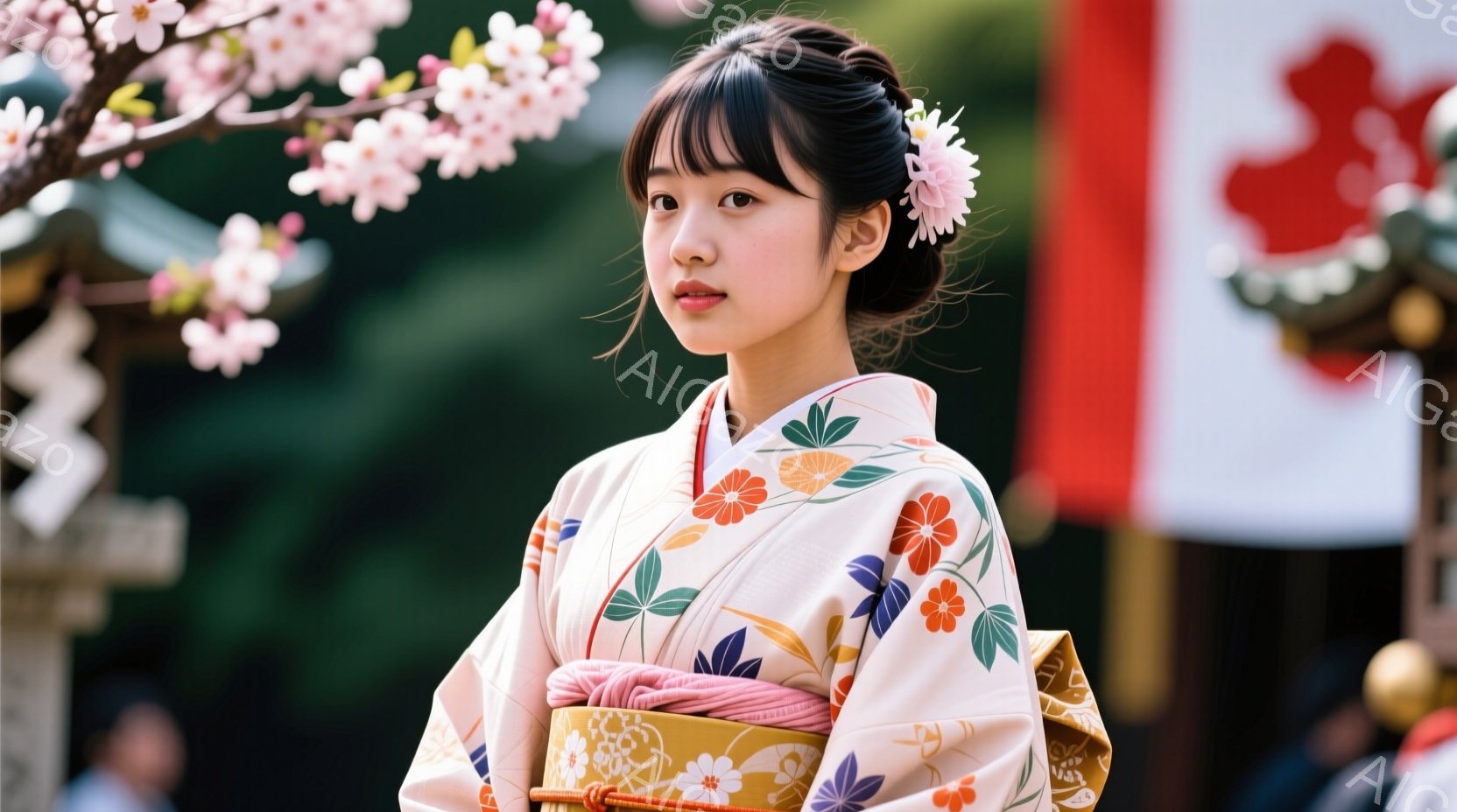 少女は明るいクリーム色の地に、ピンク、オレンジ、青の華やかな花柄の着物を着ています。髪はきれいにまとめられ、白い髪飾りをつけています。背景にはぼやけた寺院の建物と、桜の花が咲き誇る様子が見え、春の穏や - AI生成フリー素材