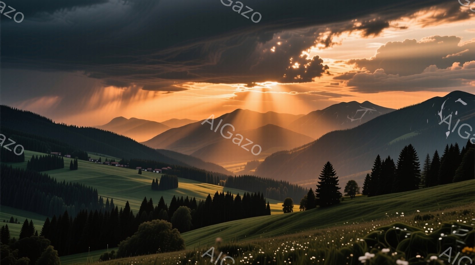 鬱蒼とした緑の丘陵地帯が広がり、遠くには山々が連なっている。夕焼けの光が雲間から差し込み、丘陵と森林にドラマチックな光と影のコントラストを生み出している。穏やかで静謐な雰囲気で、自然の美しさが際立っている。
