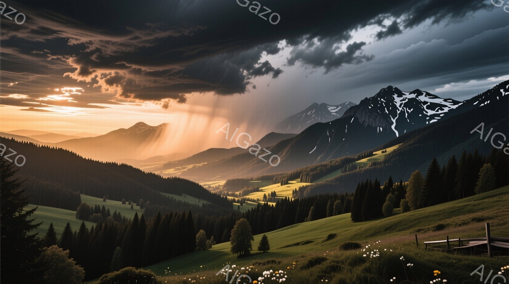 広大な山々の風景が広がり、緑豊かな牧草地と針葉樹林が連なっている。夕暮れ時の太陽光が雲間から差し込み、牧草地を黄金色に染め上げ、ドラマチックな光線が差し込んでいる。遠くには雪を抱いた山々がそびえ立ち、穏やかで牧歌的な雰囲気を醸し出している。