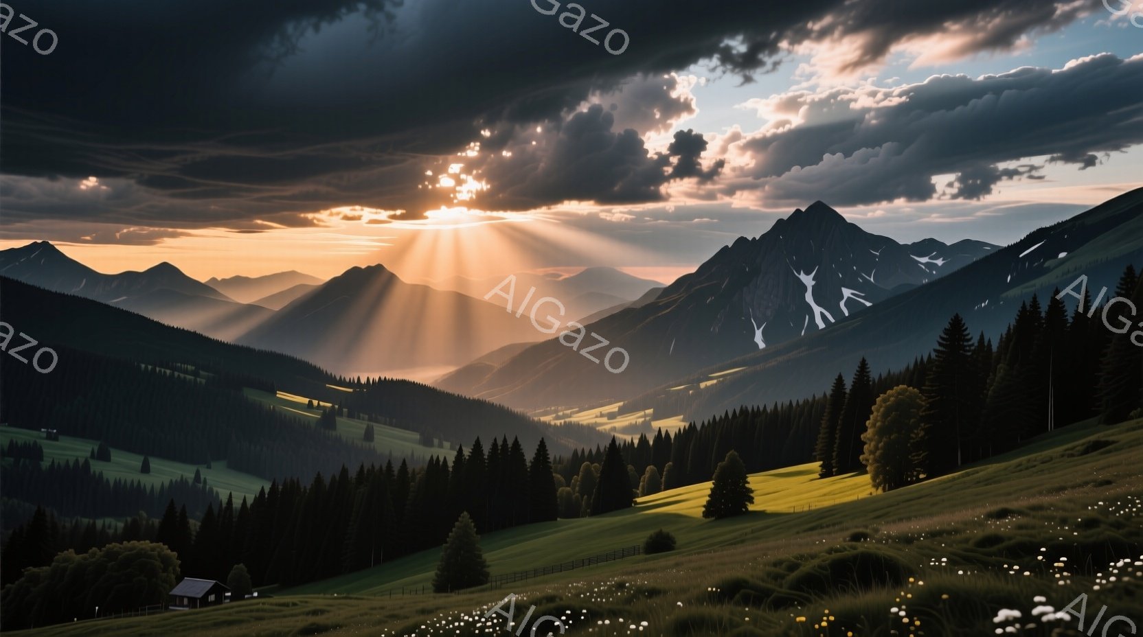 険しい山々が連なり、深い緑の森林と広大な草原が広がる風景です。夕焼けの光が雲間から差し込み、山肌を照らし、草原には白い花が咲き乱れています。全体的に穏やかで美しい、自然の息吹を感じさせる光景です。