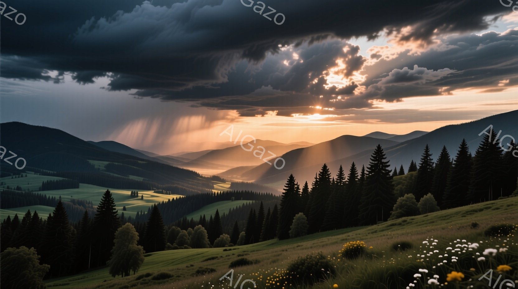 広大な山岳地帯が夕日に照らされ、強い光線が雲間から差し込んでいる。緑豊かな牧草地と鬱蒼とした森林が広がり、遠くには丘陵地帯が連なっている。全体的に穏やかで荘厳な雰囲気で、自然の美しさが際立っている。