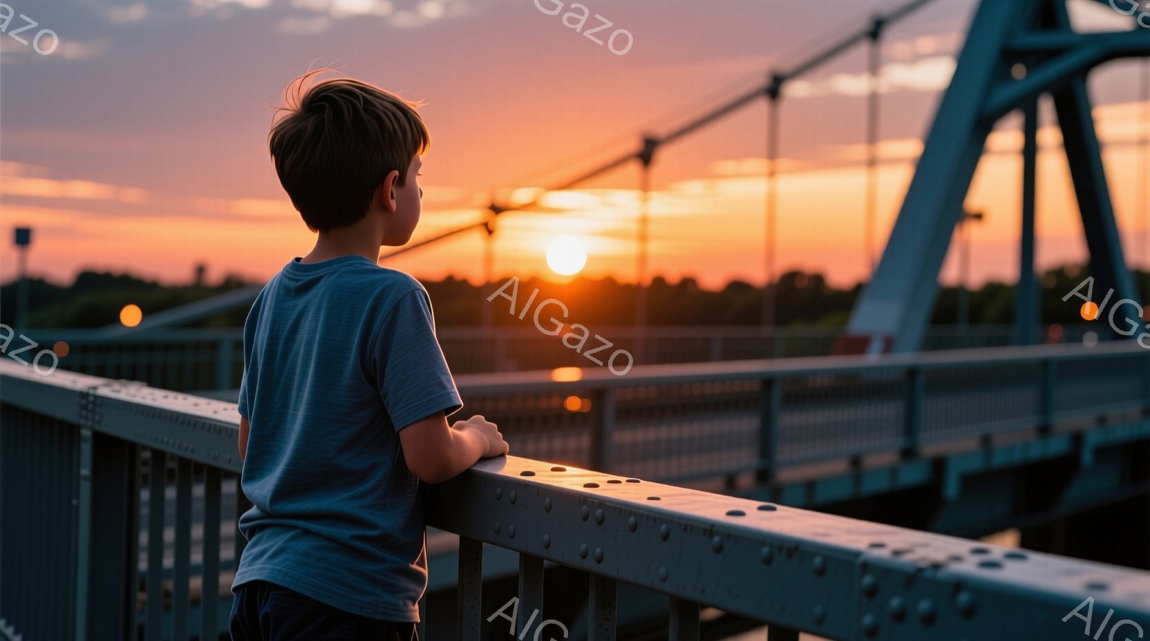 青いTシャツを着た少年が、金属製の橋の欄干にもたれて夕焼けを眺めている。彼の髪は短く、後ろを向いているため表情ははっきりしないが、物思いにふけっているような雰囲気がある。背景にはオレンジと紫色の夕焼け - AI生成フリー素材
