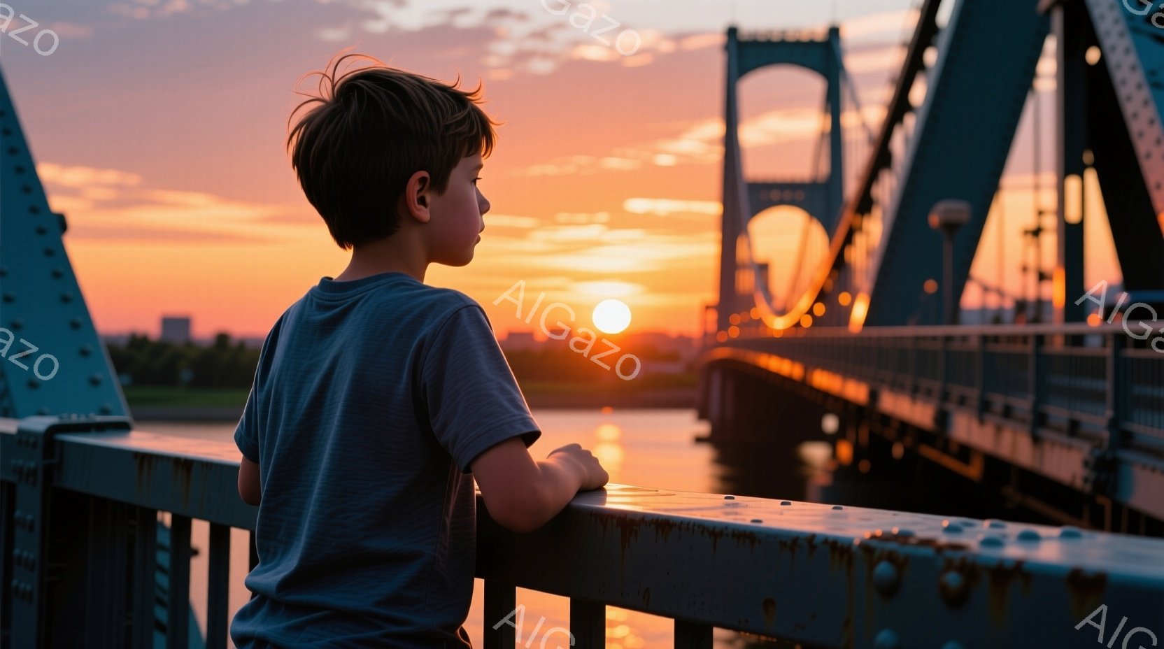 夕焼けを背景に、少年が橋の手すりに寄りかかっている。灰色のTシャツを着ており、短く巻いた髪をしている。背景には水面と都市のシルエット、そしてオレンジ色の夕焼けが広がっており、穏やかで物憂げな雰囲気を醸 - AI生成フリー素材
