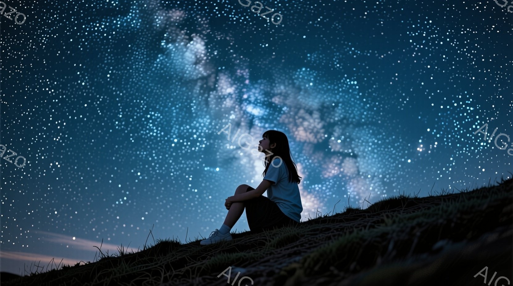 夜空の下、少女が丘の上に座って星を見上げている。彼女は白いTシャツと黒いパンツ姿で、長い黒髪が背中に流れ、表情ははっきりと見えないが、どこか物思いにふけっている様子がうかがえる。背景には無数の星が輝き - AI生成フリー素材