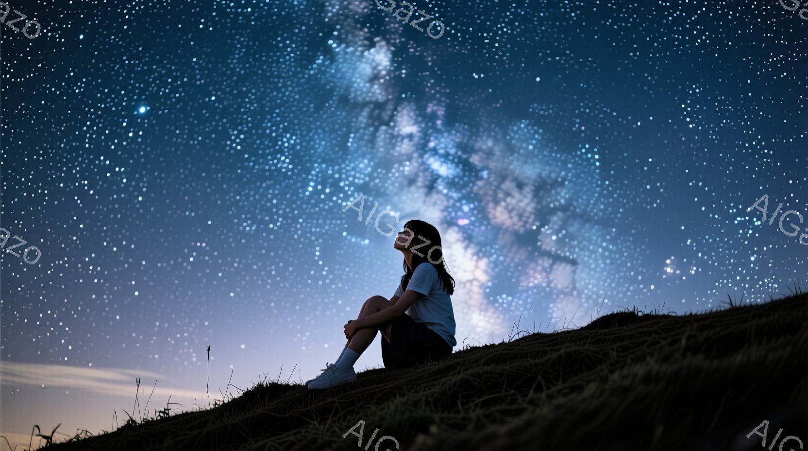 暗い丘の上に座る若い女性が、夜空を見上げています。彼女は白いTシャツと黒いショートパンツを着用し、足元にはスニーカーが光っています。背景には、無数の星と天の川が広がり、静かで神秘的な雰囲気を醸し出して - AI生成フリー素材