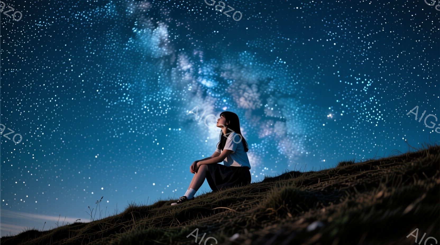 夜空の下、少女が丘の上に座っている。彼女は白いTシャツに短いスカート、そしてスニーカーを履いており、長い黒髪を後ろに垂らしている。見上げる空には天の川が広がり、静寂と幻想的な雰囲気を醸し出している。 - AI生成フリー素材