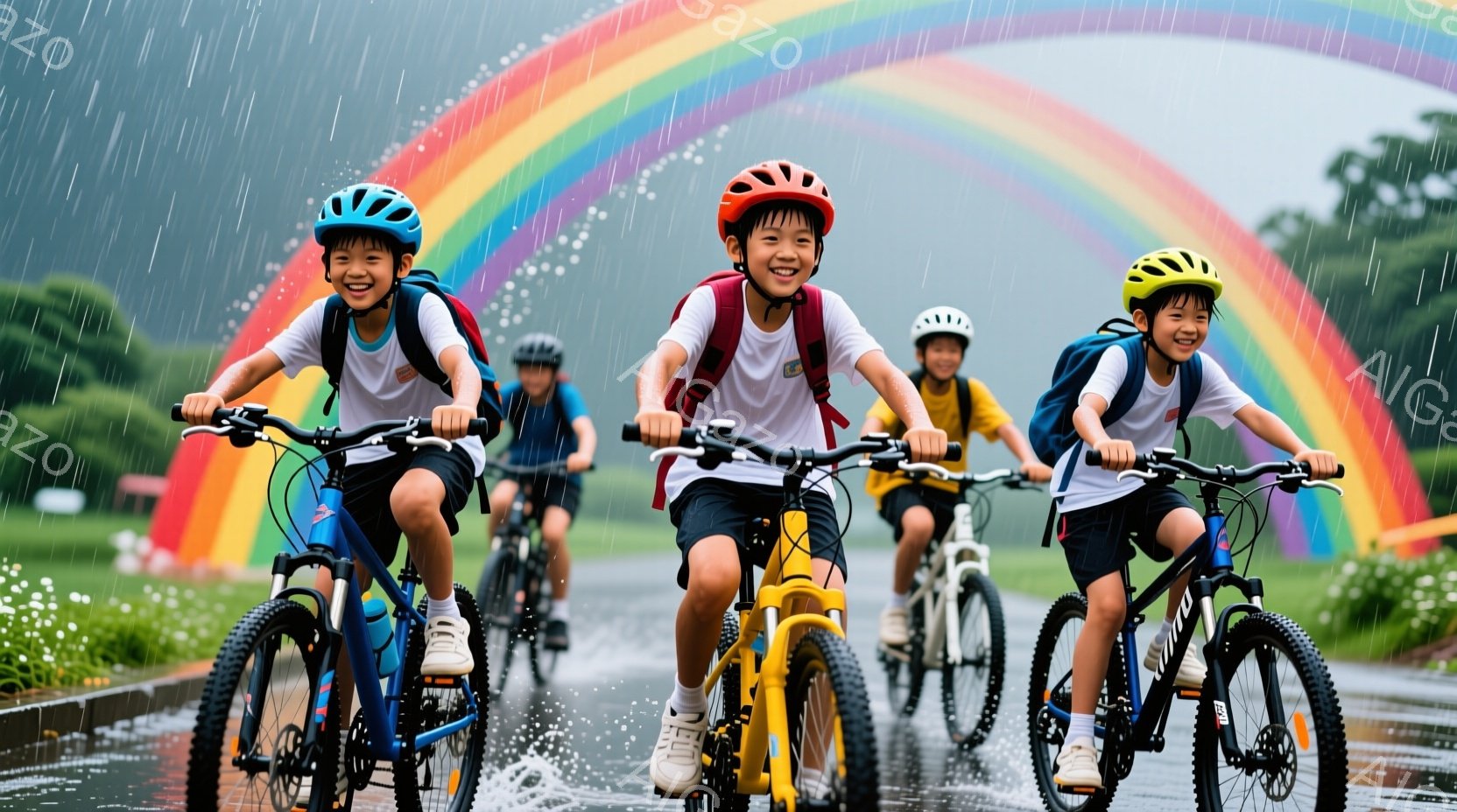 雨の中を自転車に乗る小学生のグループが写っています。彼らは皆、ヘルメットとリュックサックを着用し、笑顔で前を見据えています。背景には鮮やかな虹が広がり、雨上がりの希望に満ちた雰囲気を醸し出しています。