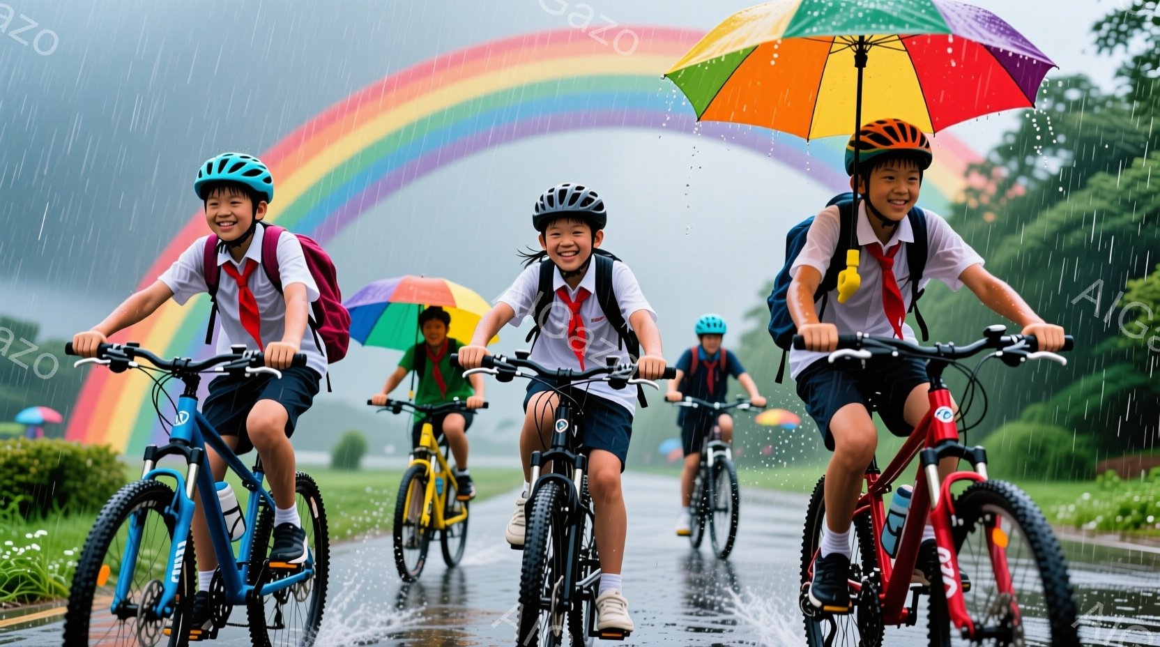 雨の中、制服を着た小学生数人が自転車に乗って楽しそうに走っている。彼らは皆、ヘルメットを被り、笑顔で前を見据え、水しぶきを上げて進んでいる。背景には鮮やかな虹がかかり、緑豊かな木々が雨に濡れている様子が、活気と希望に満ちた雰囲気を醸し出している。