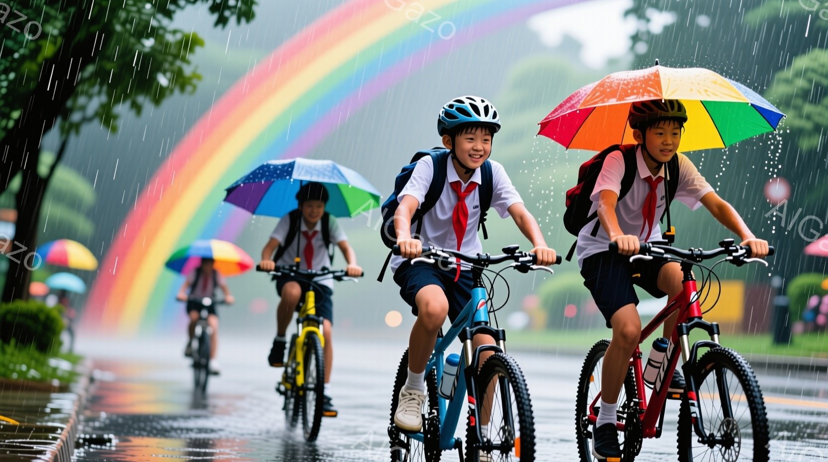 雨の中を自転車に乗る小学生たちが写っています。制服を着て、それぞれカラフルな傘をさし、笑顔で前を見つめています。背景には虹がかかり、緑豊かな木々や建物が見え、雨上がりの希望に満ちた雰囲気を醸し出しています。