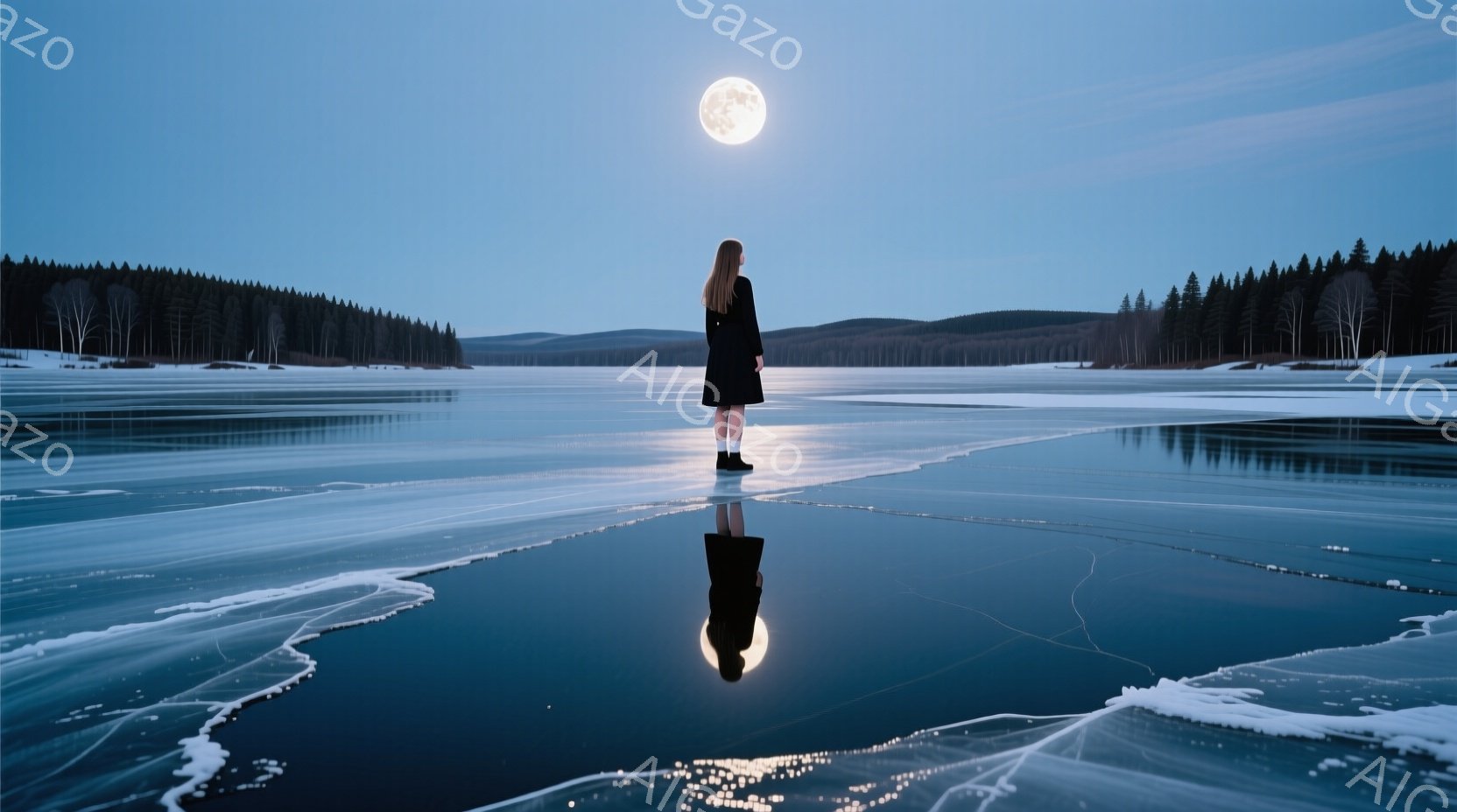 凍てつく湖の上に立つ女性は、黒いロングドレスを身に着け、長い髪を背中に垂らしています。彼女は湖の彼方を見つめ、物憂げな雰囲気を醸し出しています。背景には暗い森が広がり、満月が輝き、氷の湖面と森、そして月光が織りなす幻想的な冬の風景を作り出しています。