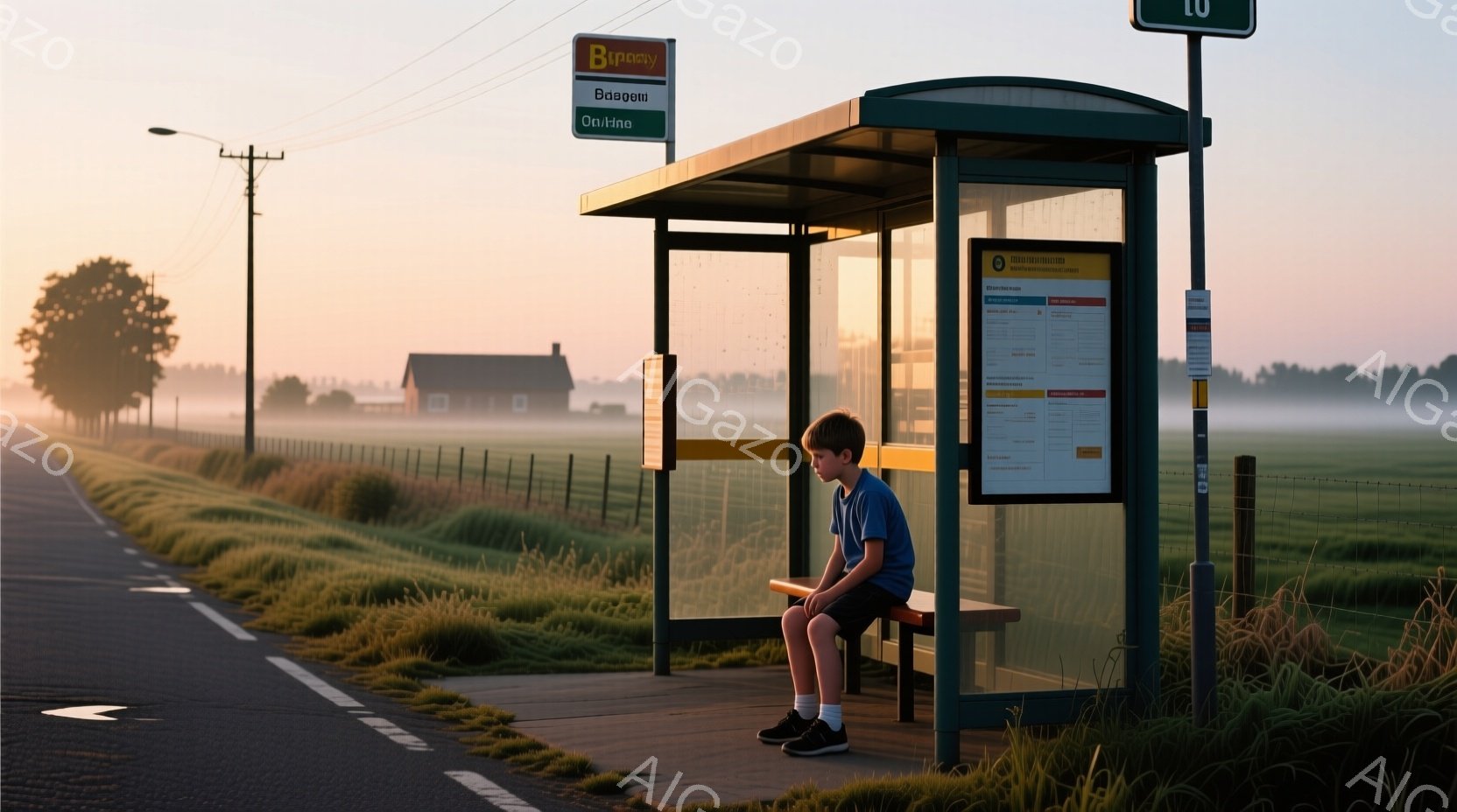 小さな男の子がバス停のベンチに座っており、青いシャツと黒いズボンを着用しています。彼は少しうつむき加減で、物憂げな表情を浮かべています。背景には、朝霧が立ち込める田園風景が広がり、遠くには家屋が見え、穏やかで少し寂しげな雰囲気が漂っています。
