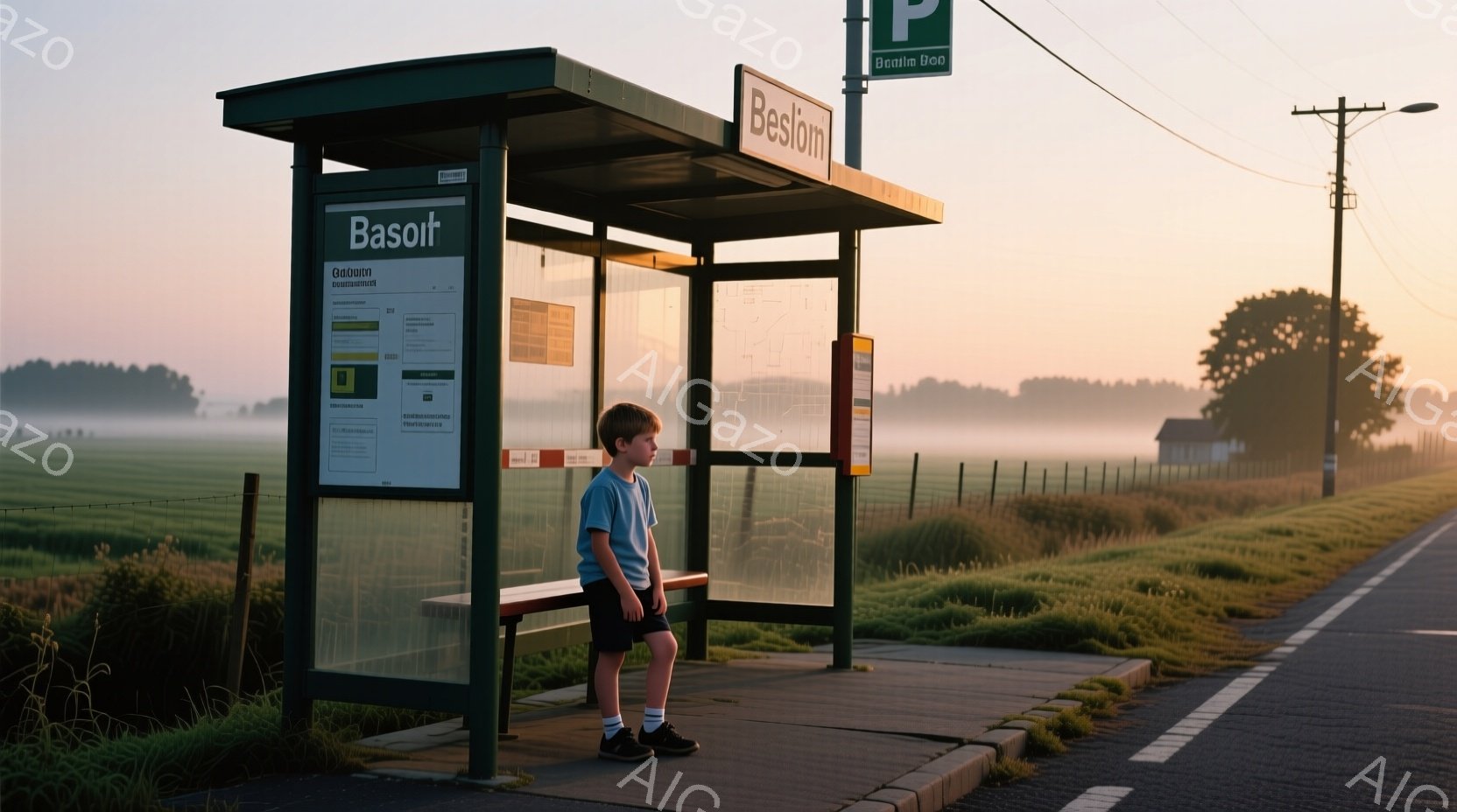 若い少年がバス停で立っている。青い半袖シャツと黒いショートパンツ、黒いソックス、スニーカーを履き、少し不安そうな表情をしている。背景には緑豊かな牧草地が広がり、朝霧が立ち込めている。
