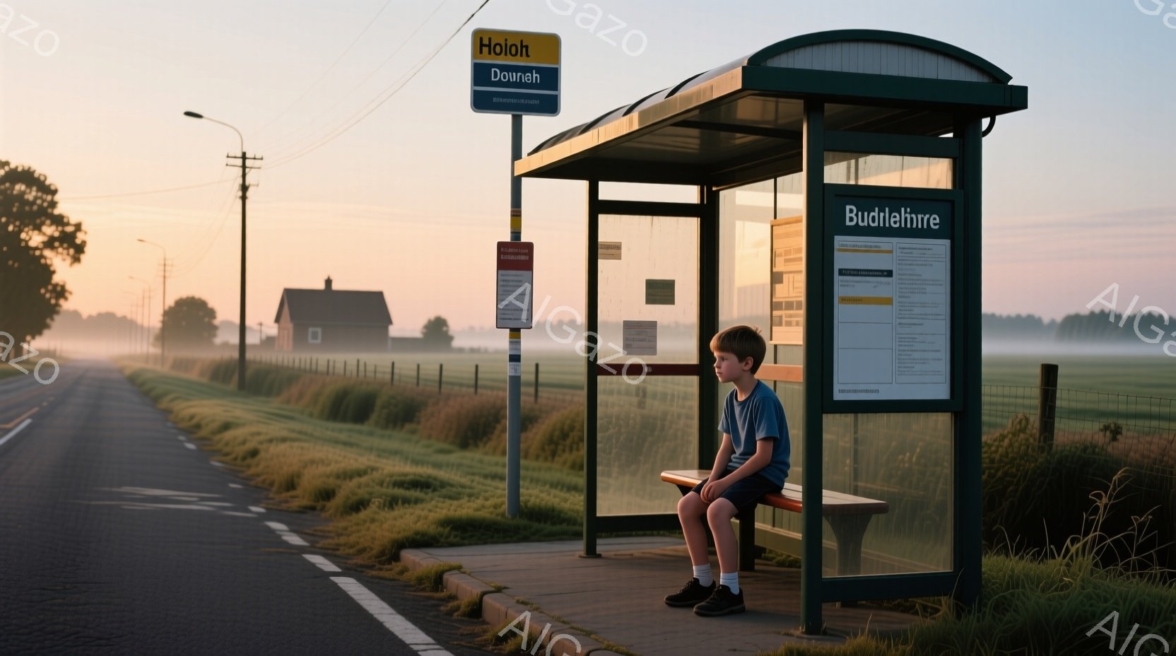 見晴らしの良い田舎道にバス停があり、少年が一人でベンチに座って何かを待っている様子が描かれています。少年は青いTシャツと黒いズボンを身につけ、短髪で、少し憂いを含んだ表情をしています。背景には、霧が立ち込める緑の牧草地と遠くに見える家々があり、穏やかで少し寂しげな雰囲気を醸し出しています。