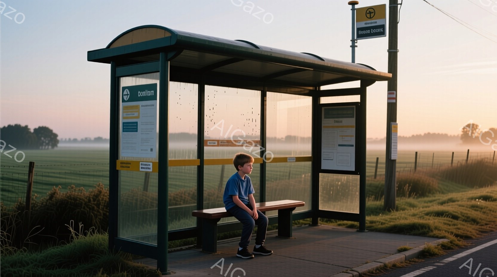 見晴らしの良い田舎のバス停に、少年が一人座っている。青いTシャツと黒いズボンを着用し、少し物憂げな表情で遠くを見つめている。背景には緑豊かな牧草地と霧がかった朝の風景が広がり、静かで穏やかな雰囲気を醸し出している。
