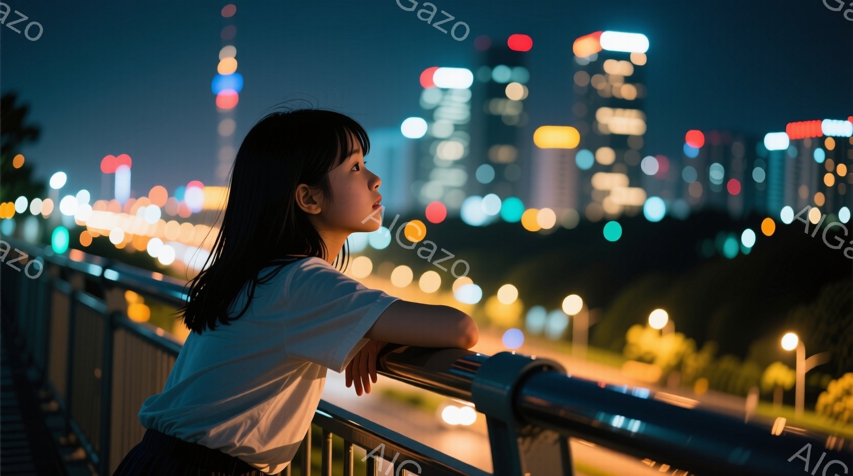 黒髪の女性が手すりに肘をつき、夜景を見つめている。白いTシャツと濃い色のボトムスを着用し、少し物憂げな表情をしている。背景には、光り輝く高層ビル群と道路が広がり、夜の都市の活気を感じさせる。 - AI生成フリー素材