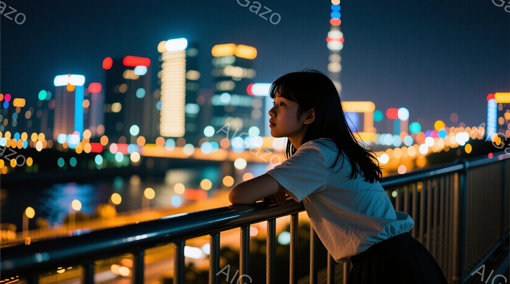 夜景を背景に、黒髪の女性が手すりに寄りかかっている。白いTシャツと黒いズボンを身に着け、横顔はどこか物憂げで、遠くを見つめている。背景には、きらびやかな高層ビル群と、水面に反射する光が広がり、都会の夜 - AI生成フリー素材