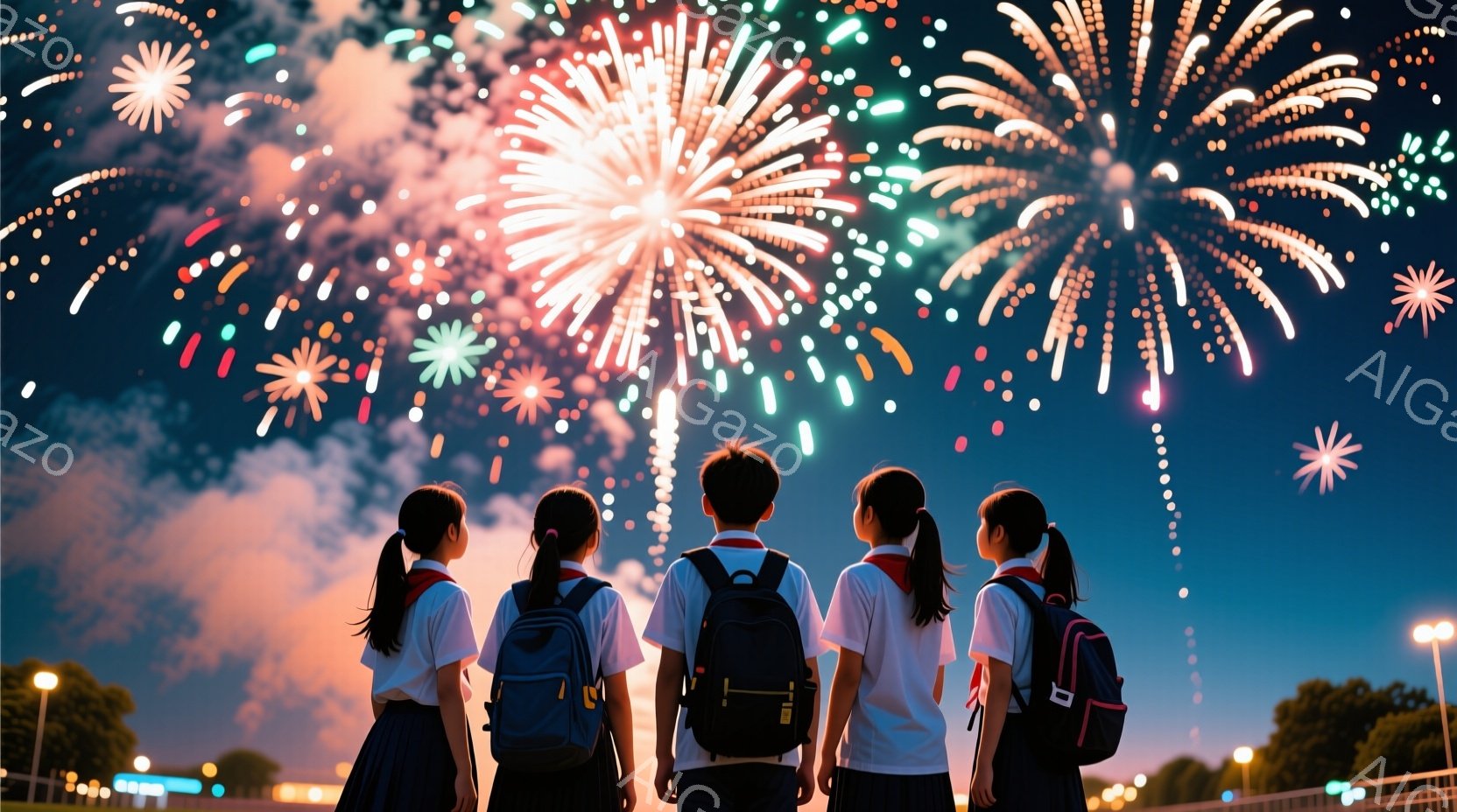 制服を着た生徒たちが、夜空に打ち上げられる花火を見上げています。紺色のスカートと白いシャツに、赤いリボンとリュックサックが特徴的で、後ろ姿からは若々しい活気と期待感が伝わってきます。背景には街灯が並び - AI生成フリー素材
