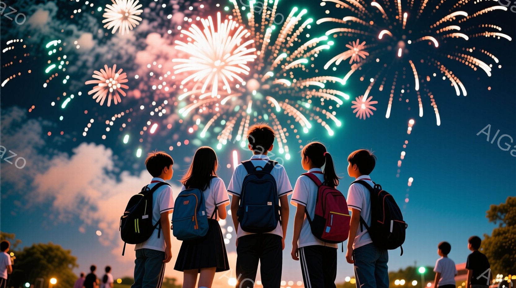 紺碧の空に鮮やかな花火が咲き乱れ、その光景を背にした小学生くらいの子供たちが並んでいます。紺色の制服にリュックを背負い、少し前かがみの姿勢で夜空を見上げており、活気と高揚感に満ちた雰囲気が伝わってきます。背景にはぼんやりと人影や街灯が見え、夏の夜のイベントの賑やかさを感じさせます。